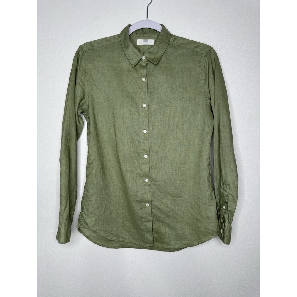 Uniqlo Long Sleeve Linen Shirt Size XS Green Button Up Office Breathable